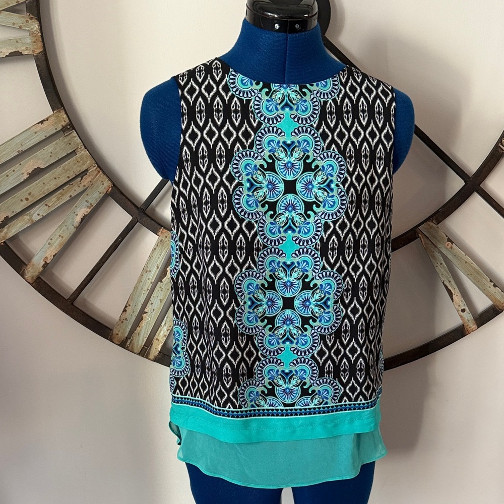Rose & Olive Sleeveless Black and Aqua Patterned Top